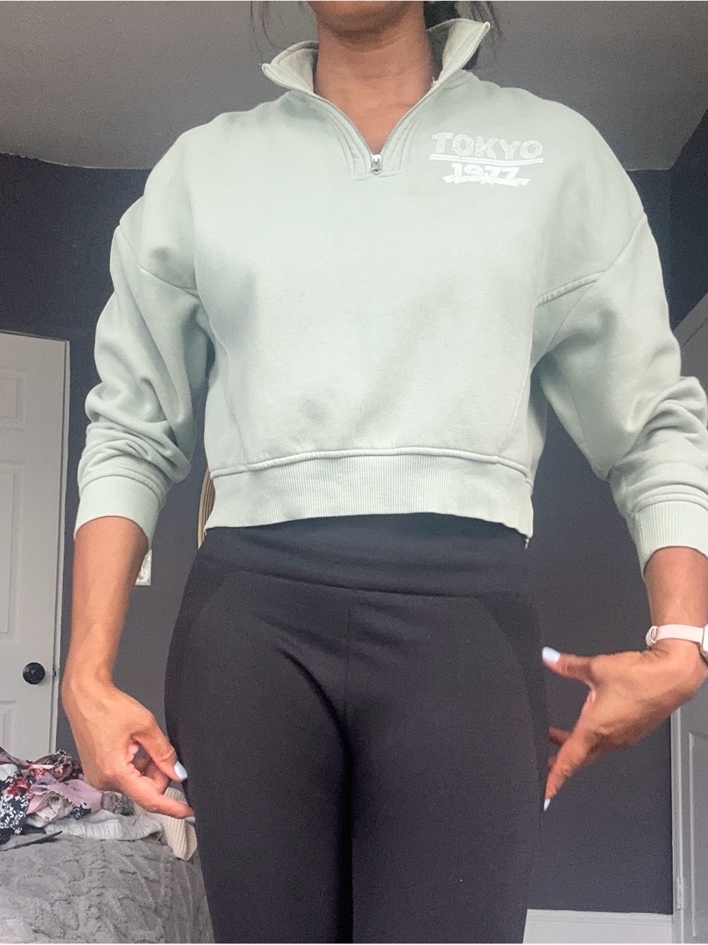 Primark Sage Half-Zip Cropped Sweatshirt - Women, size S